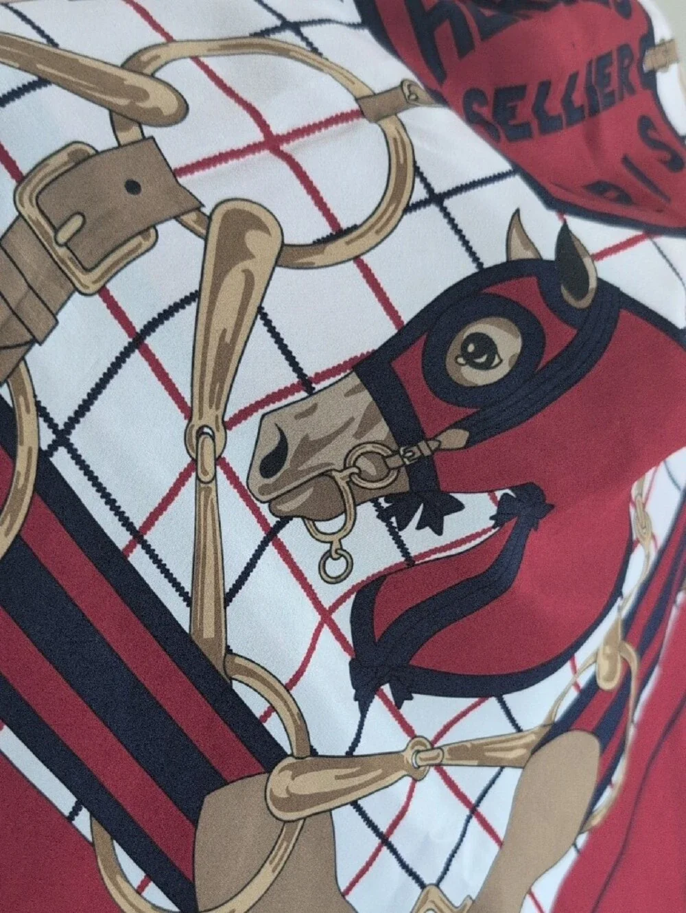 Hermes Paris Red, White and Gold Equestrian Design Scarf 29x31